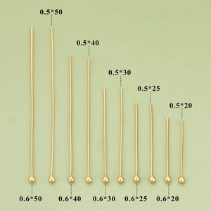 Golden brass ball pins for jewelry making in multiple sizes 0.5mm 0.6mm thickness