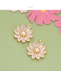 Détail de pendentifs marguerites roses avec perles et cadre doré pour bijoux faits main