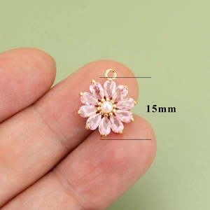 Pendentif fleur marguerite 15mm avec zircons roses et perle pour création de bijoux DIY