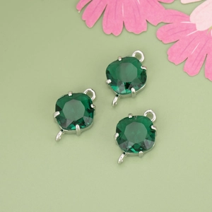 Emerald green cushion-cut glass charms with double silver connectors for jewelry DIY