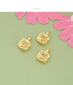 Three gold square pendants with yellow zircon stones for DIY necklace and bracelet jewelry