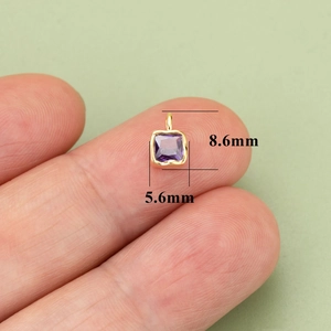 Square purple amethyst pendant with gold plated frame measuring 8.6mm by 5.6mm