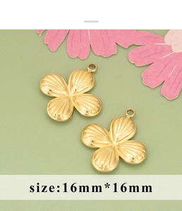 Detailed view of two 16mm gold flower pendants with radial texture and hanging loops