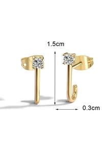 Detail view of 1.5cm J-shaped gold earrings with zircon stud and measurement marks