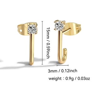 Elegant gold J-shaped stud earrings with clear cubic zirconia, 15mm height and 3mm width