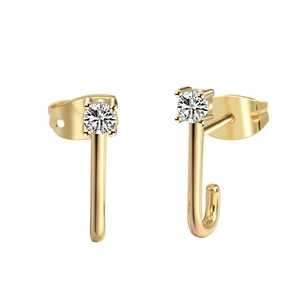 Elegant J-shaped gold drop earrings with sparkling round zircon stone inlay for women