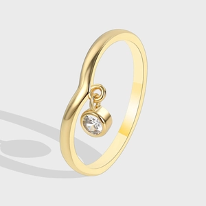 Minimalist Gold Plated Copper Ring For Women INS Style V-Shaped Wave Band With Hanging Round Zirconia Pendant Charm Jewelry Gift
