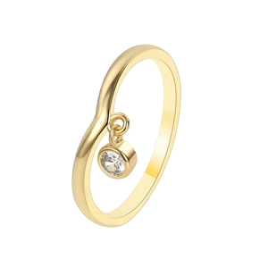 Minimalist gold V-shaped ring with a dangling round cubic zirconia pendant on white background