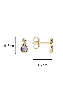 Détail des boucles d'oreilles goutte en zircon violet doré avec mesures précises