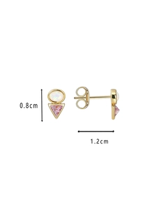 Detail view of gold stud earrings with pink triangle zircon and opal stones, 0.8cm size