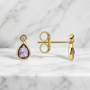 Boucles d'Oreilles Clous en Zirconia Violet Larme Avec Tige en Argent Sterling 925 Cuivre Plaqué Or Bijoux de Mode Femme