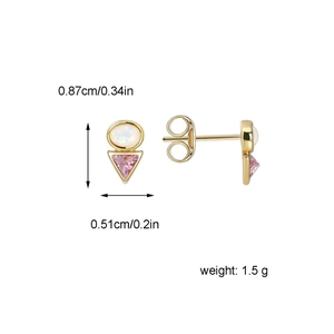 Geometric triangle pink zircon and opal stud earrings in gold plating from dual views