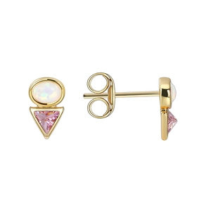 Modern gold triangle earrings featuring pink zircon and white opal stones for women
