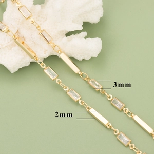 Close-up of 18K gold tube chain with 3mm zircon and 2mm polished bar for DIY jewelry