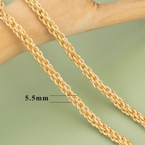 Detailed view of a 5.5mm 18K gold plated wheat chain necklace with premium metallic luster