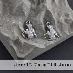 Rhodium plated cat charm with cubic zirconia and butterfly detail for DIY jewelry