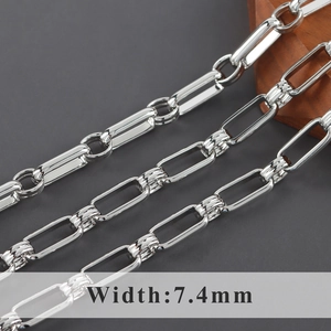 Macro shot of 7.4mm silver-plated flat rectangular link chain for jewelry making