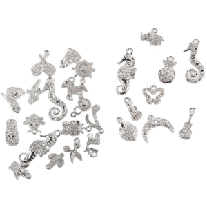 Rhodium-plated pendant charms with cubic zirconia in various animal and object shapes