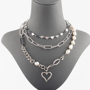 Three-layer silver plated necklace set with heart pendants and baroque pearls on mannequin