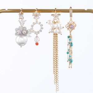 Elegant 18k gold plated petal drop earrings with pearls and crystal stone charms