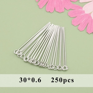 Rhodium plated eye pins 30x0.6mm for DIY jewelry making and beading accessories 250pcs
