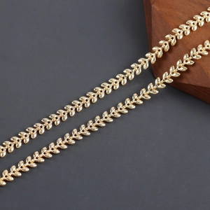 Close-up of 18k gold plated hollow leaf chain links for handmade jewelry DIY making