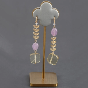 French vintage dangle earrings with hollow leaves, purple beads and yellow pendants