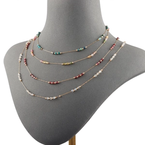 Multilayer bohemian necklace with colorful natural stone beads on stainless steel gold chains