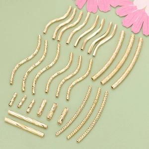 18K Gold Plated Copper Tubular Beads For DIY Jewelry Making Straight Curved S Shape Mesh Wave Thread Texture Metal Tube Findings