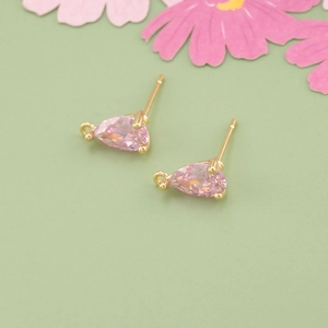 Pendiente de cristal rosa en forma de pera chapado en oro 18k con anillo de DIY