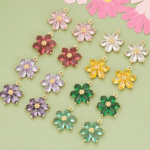 18K Vergoldeter Kupfer Blumen Anhänger Mit Bunten Zirkonia DIY Schmuck Zubehör Für Halsketten Ohrringe