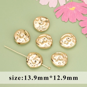 18K gold plated hammered flat round beads for DIY jewelry making 13.9mm x 12.9mm size