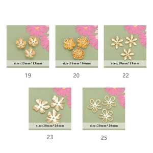 Detail of 18k gold plated flower bead caps in various sizes for DIY jewelry making