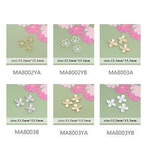 Detailed grid of 18k gold plated flower pendants for DIY jewelry with size and model info