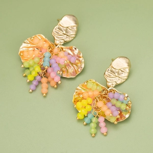 Bohemian 18K gold plated textured shell earrings with colorful beaded fringes