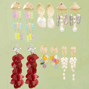 Set of six irregular 18K gold-plated earring dangles with pearls and tassels
