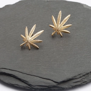 18k gold plated vintage leaf stud earrings for DIY jewelry making on stone background