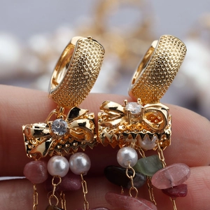 18k gold plated round hoop earrings with zircon, pearl butterfly and gemstone tassels