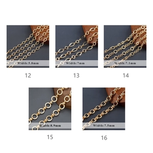Close-up details of 18K gold plated hollow link chains in five various widths and textures