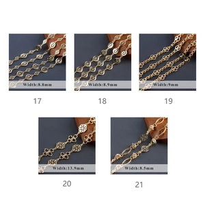 Macro view of assorted 18K gold-plated chain links with detailed width measurements