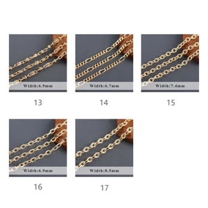 Macro details of diverse 18k gold-plated curb and Figaro chains between 6.7mm to 8.5mm