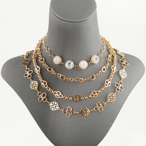 Exaggerated 18K gold-plated multilayer necklace with hollow chain and gemstones
