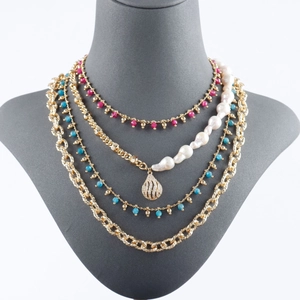 Layered 18k gold plated necklace with baroque pearl, beads, and heavy Cuban chain link