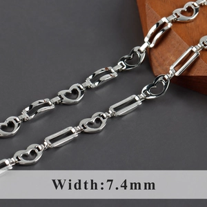 Polished silver heart and bar chain for necklaces with a 7.4mm hollow design