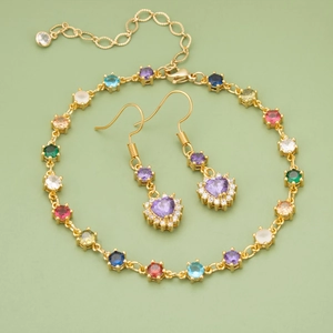 18k gold plated jewelry set with colorful zircon stones including bracelet and heart earrings