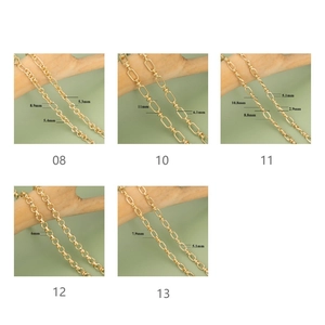 Detail showcasing various 18k gold plated chain link designs with specific width measurements