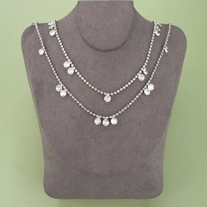 Collier double couche à billes argentées avec pendentifs en cristal transparent