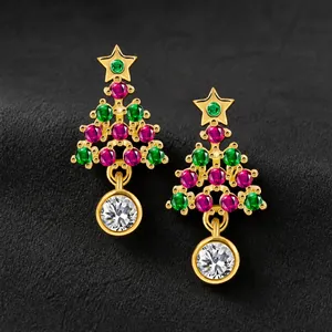 Boucles d'Oreilles Clous Sapin de Noël en Zirconia Avec Tige en Argent Sterling 925 Plaquées Or Pierre Multicolore Bijoux Femme