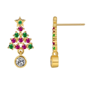 Boucles d'oreilles sapin de Noël avec zircons verts et rouges et plaqué or pour femme