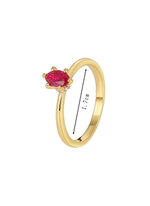 Detail view of gold-plated brass ring with red zircon and 1.7cm inner diameter